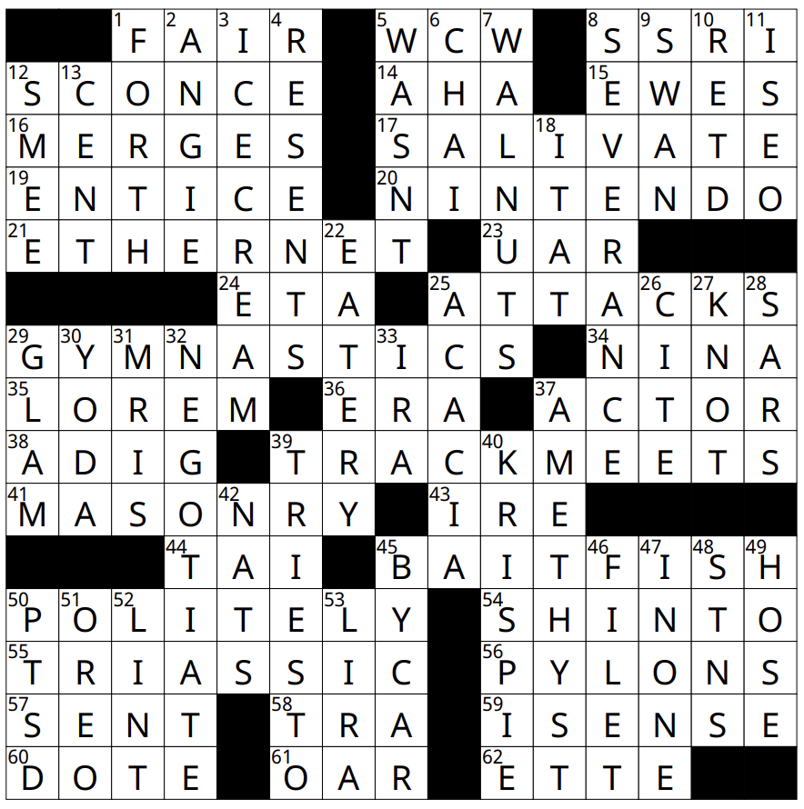 A completed June crossword solutions grid, 15 by 15 squares, showcases answers like FAIR, NINTENDO, ATTACK, ACTOR, MASONRY, POLITELY, and TRIASSIC filled in among others.